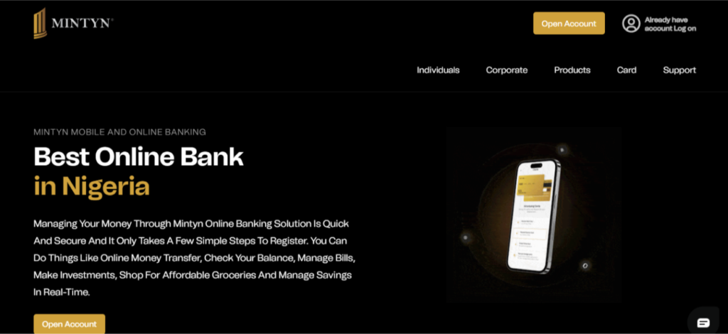 Best online bank in Nigeria - Mintyn Digital bank